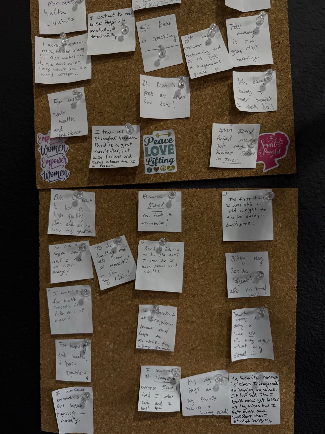 A wall of handwritten client reflections about strength and confidence