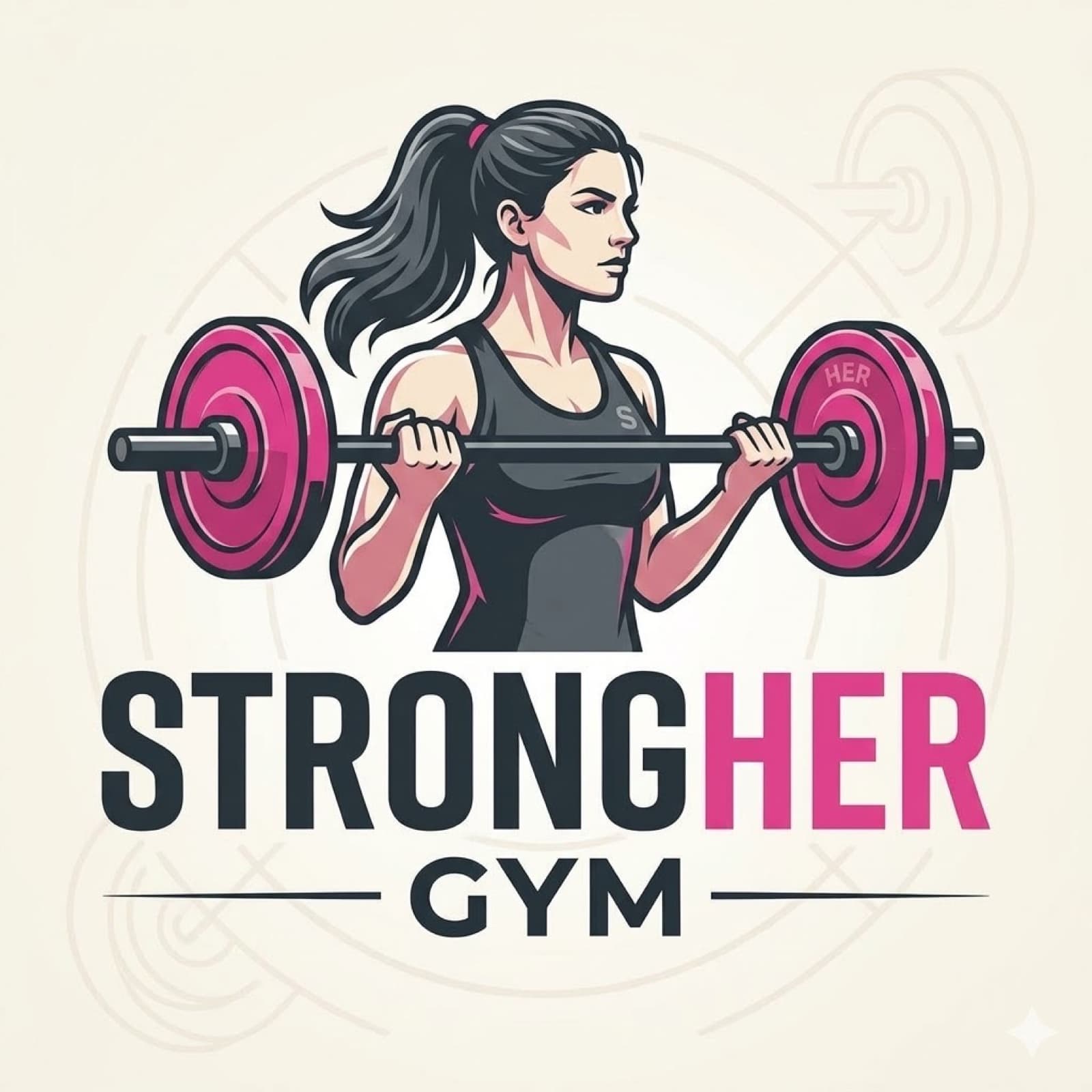 StrongHER Gym illustrated brand mark featuring a woman lifting a barbell